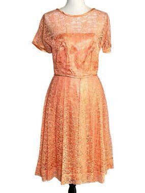 Vtg 80s Coral Pink Bridal Shower Dress Fit Flare Tea Length Sheer Lace Overlay M